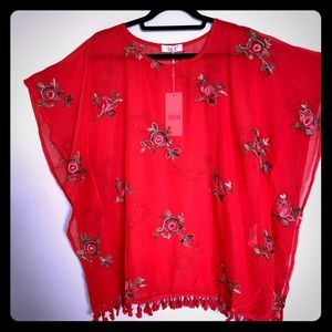 Tunic Floral Embroidered Sheer With Tassels OS NWT